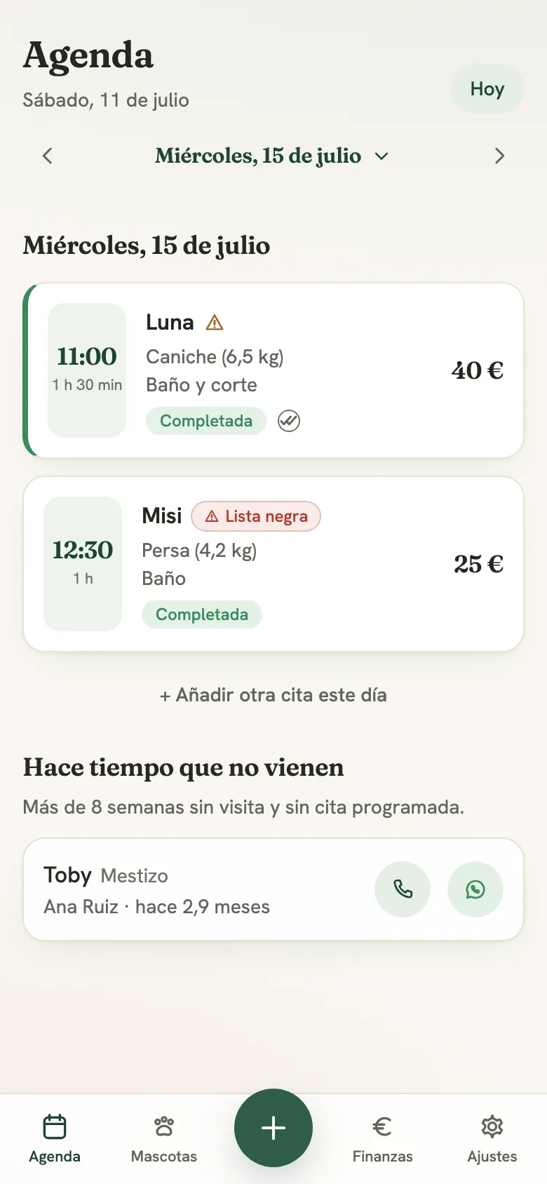 The CRM agenda on a phone: the day's appointments with times, prices, completion status, a blacklist warning tag, and a lapsed-clients list below.