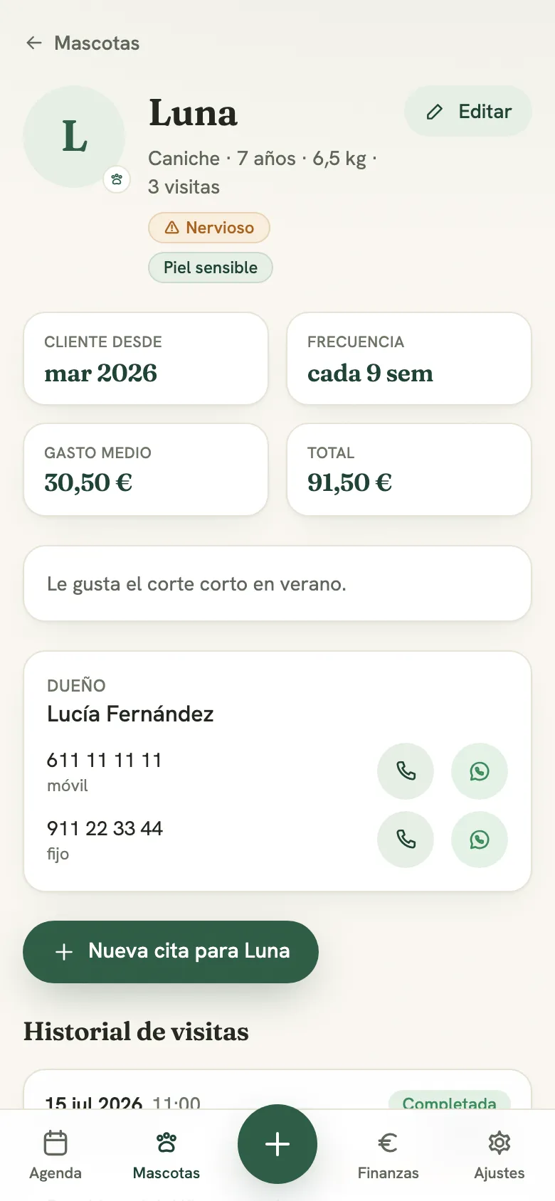 A pet profile in the CRM: temperament tags, client-since and visit-frequency stats, average and total spend, the owner's phone numbers, and the visit history.